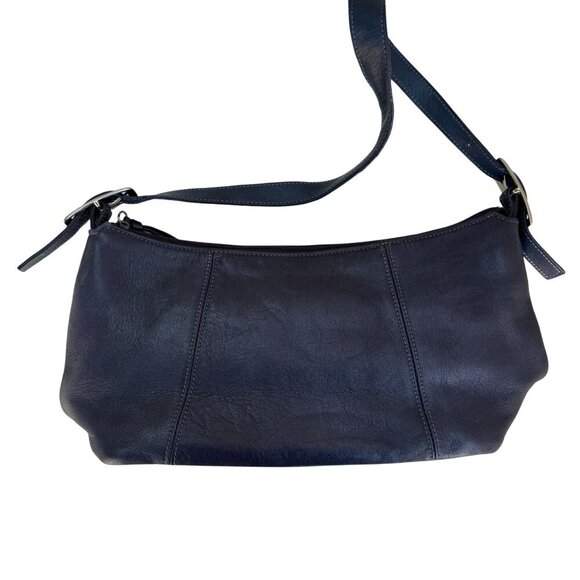Tignanello Navy Leather Adjustable Strap Silver Color Hardware Zip Shoulder Bag - Picture 4 of 8